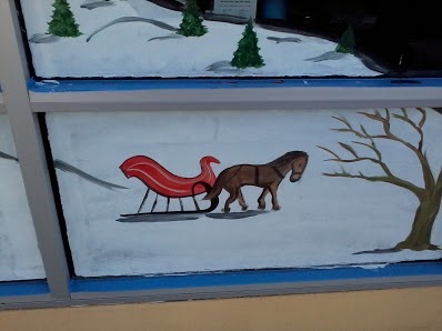a horse and sled in snow painting on windows for holidays